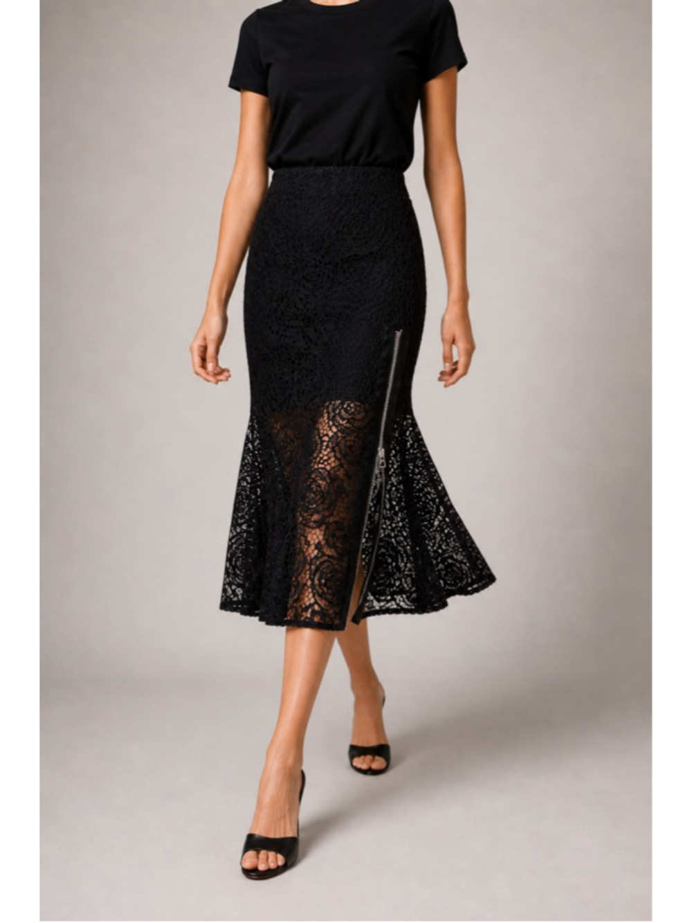 McQ Alexander McQueen Black Floral Lace Midi Skirt IT42 Side Zip Slit Lined
